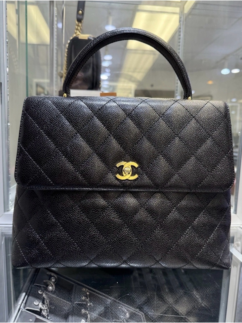 CHANEL Vintage 1980’s Black Caviar Leather Kelly Top Handle Flap Bag GHW